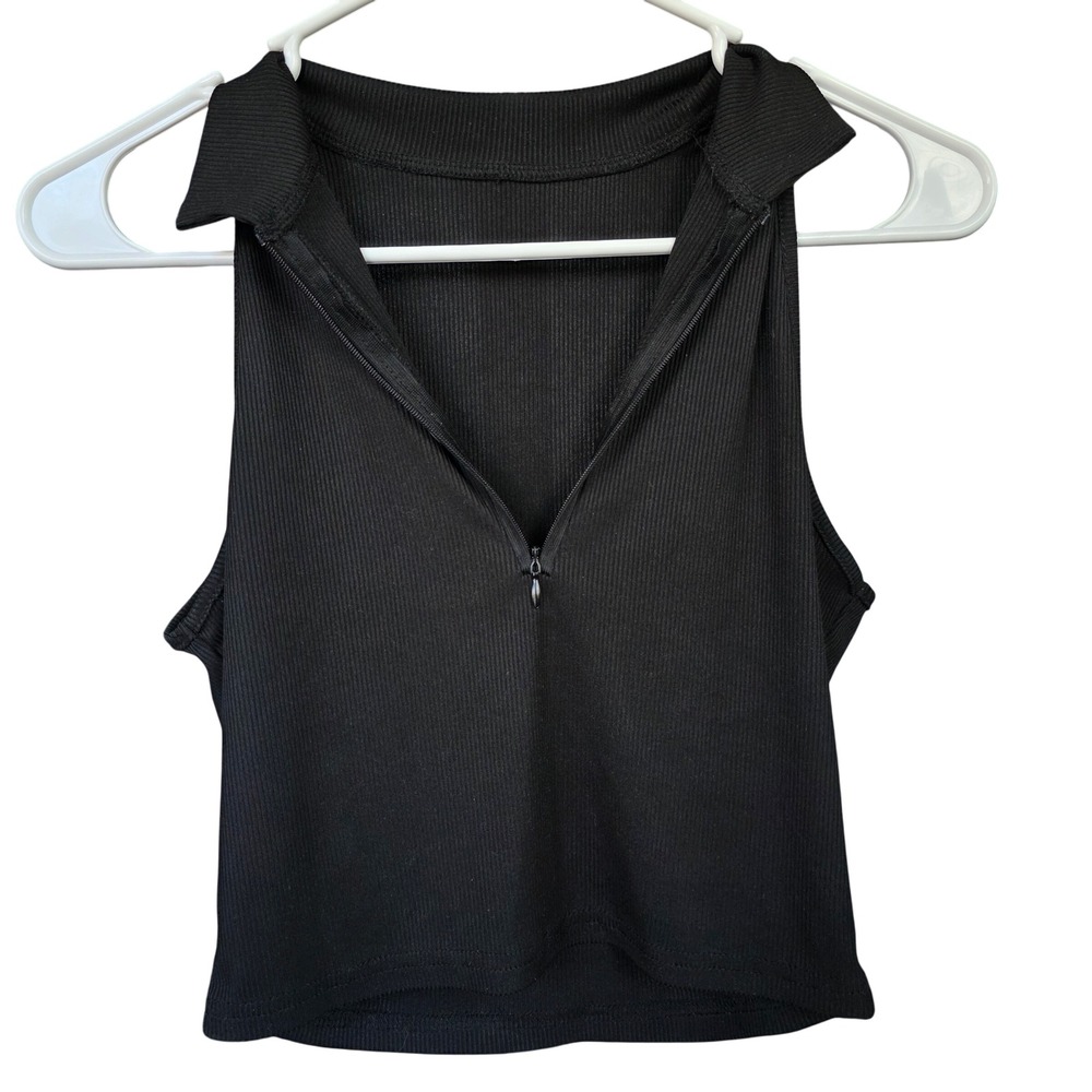 Black Ribbed Cropped Tank Top Half Zip Sleeveless Collar Summer Casual